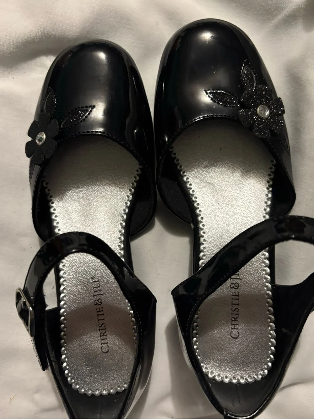 Girls' Black Patent Mary Jane Dress Shoes with Floral Accent
